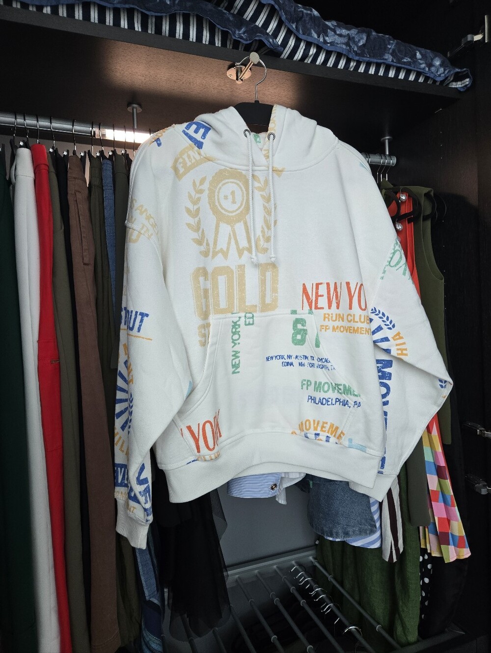 FP Movement by Free People Cream Graphic Crewneck Hoodie with Multicolor Prints